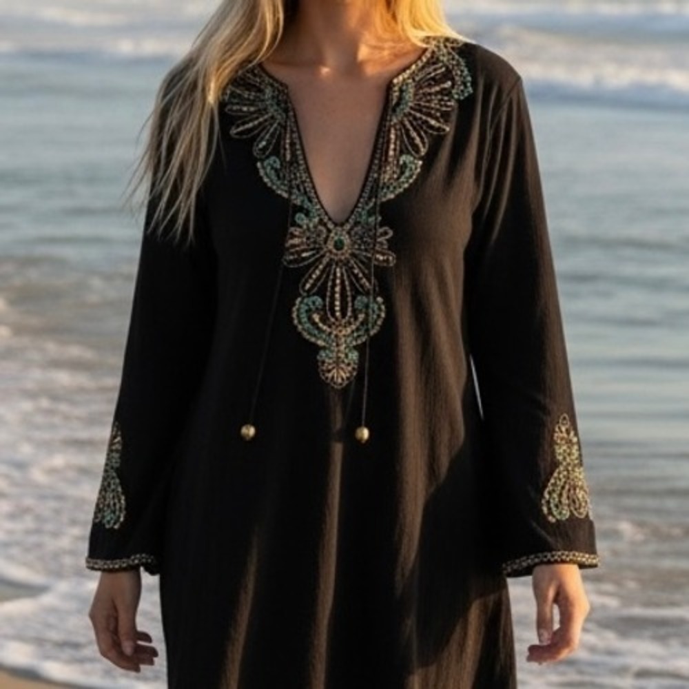 Bella Tu by Gopi Black Beaded Silk Tunic Dress Women Embellished Sz 10 Resort